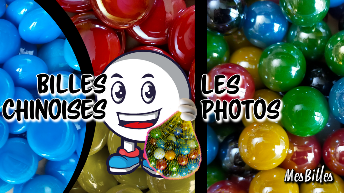 Assembly of photos of flat, colored Chinese marbles from custom orders.