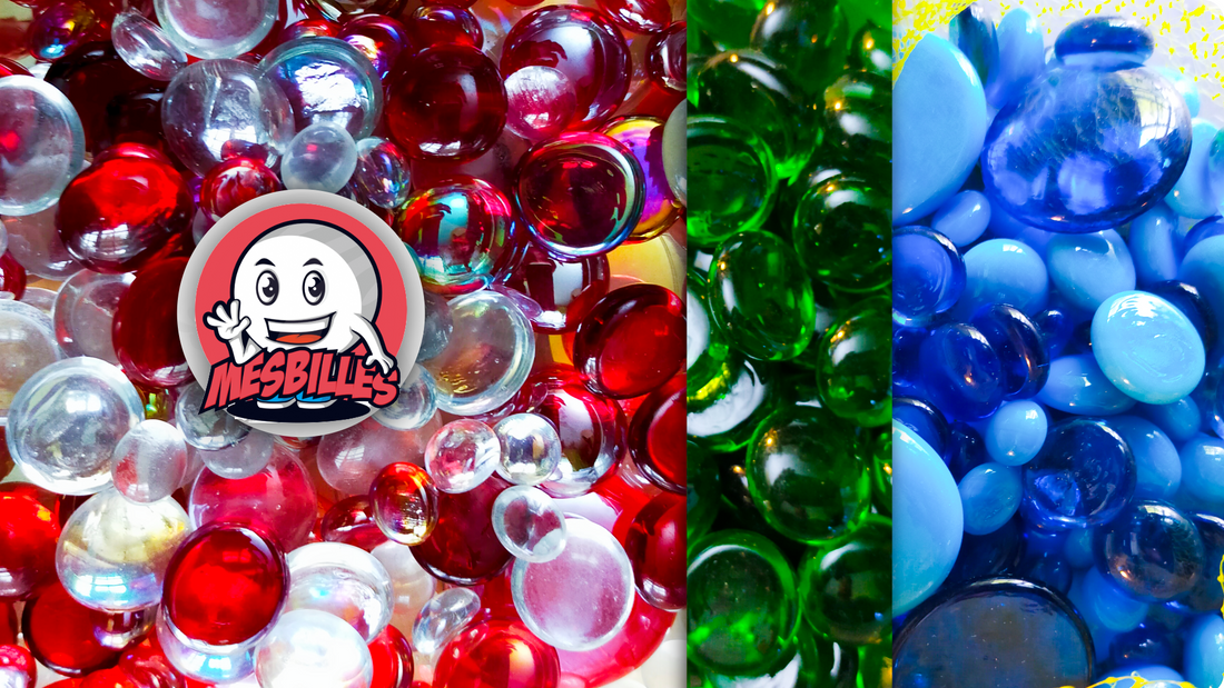Photo of orders for flat marbles in various colors, shaped like drops, stars, or discs.
