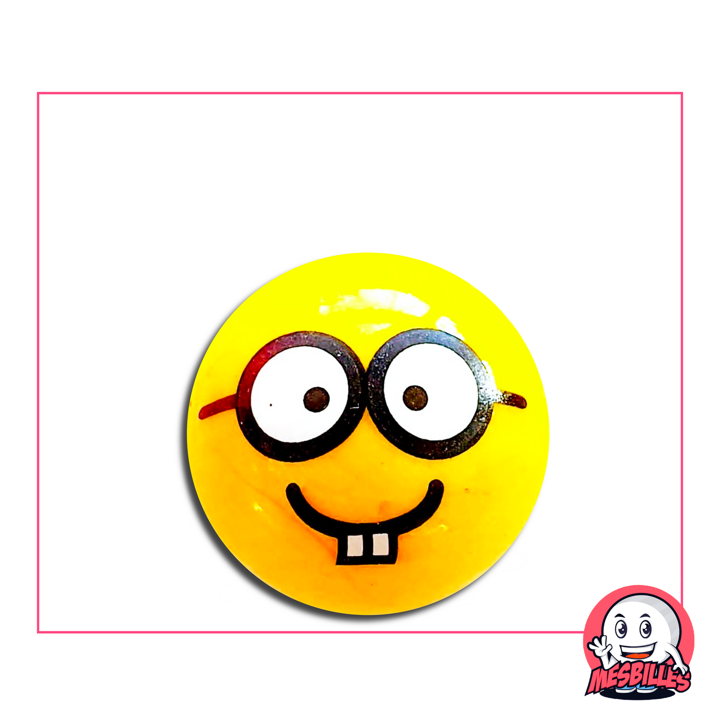 Yellow Marble with a smiling face wearing large round glasses and two visible teeth