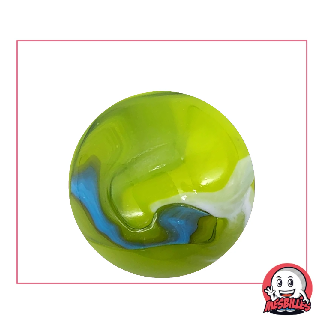 35 mm Green Tiger art marble in glass, with green, blue and white motifs reminiscent of a tiger.