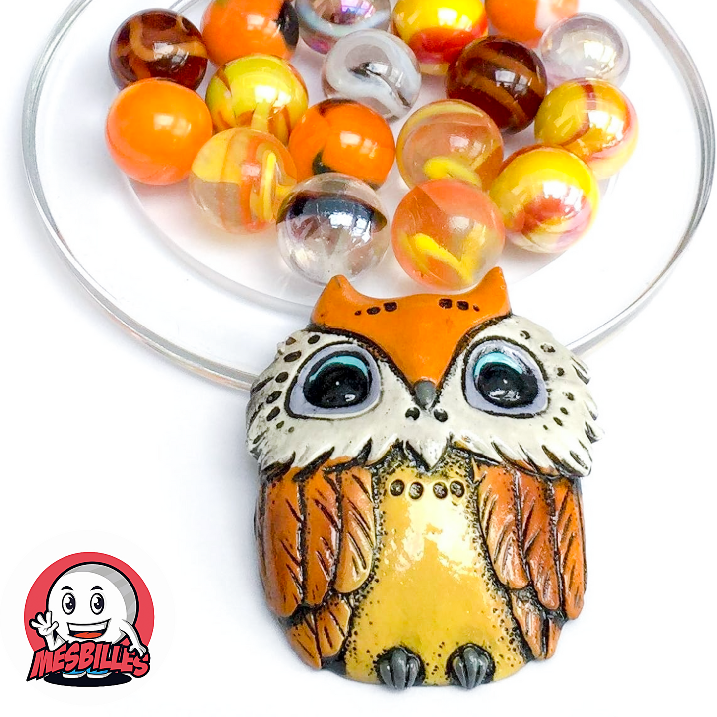Orange ceramic owl with 20 yellow, orange and transparent Marbles - My-Glassmarbles Collection