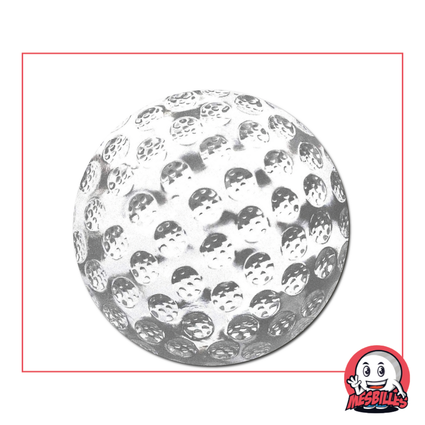 Photo of a 40 mm round marble in crystal glass with a textured golf-ball effect, sold individually in the My-Glassmarbles shop.