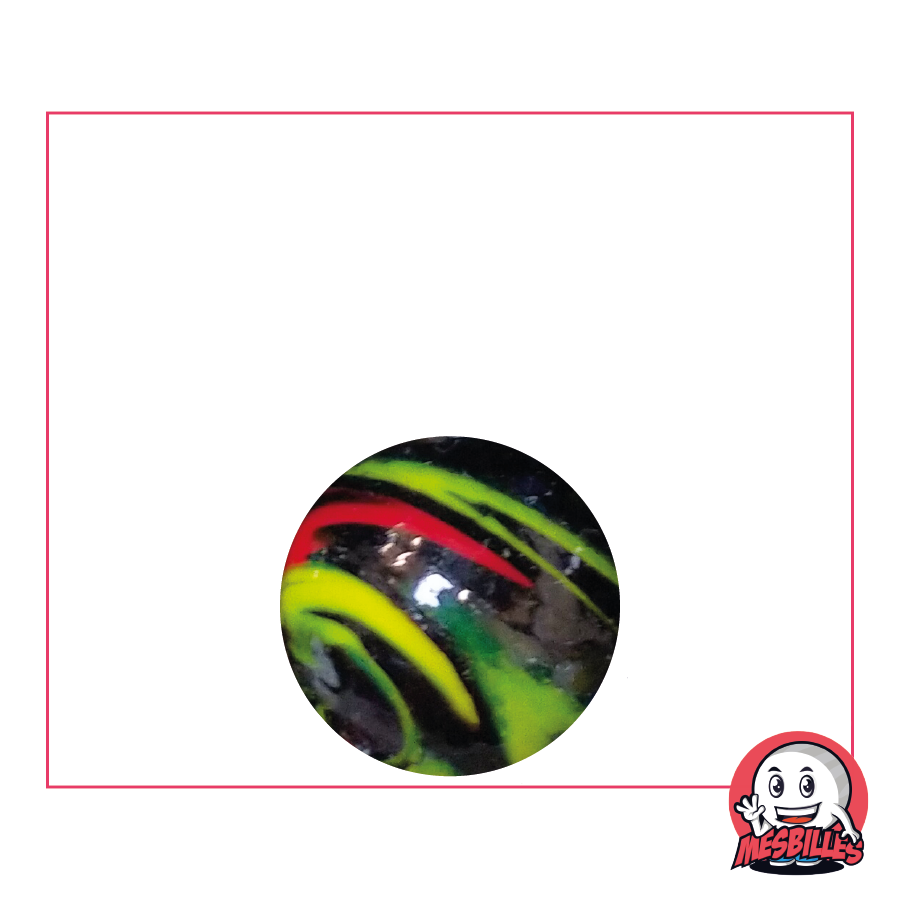 16mm Yellow Diabolic Marble, an opaque black marble with a yellow stripe for teasing minds.