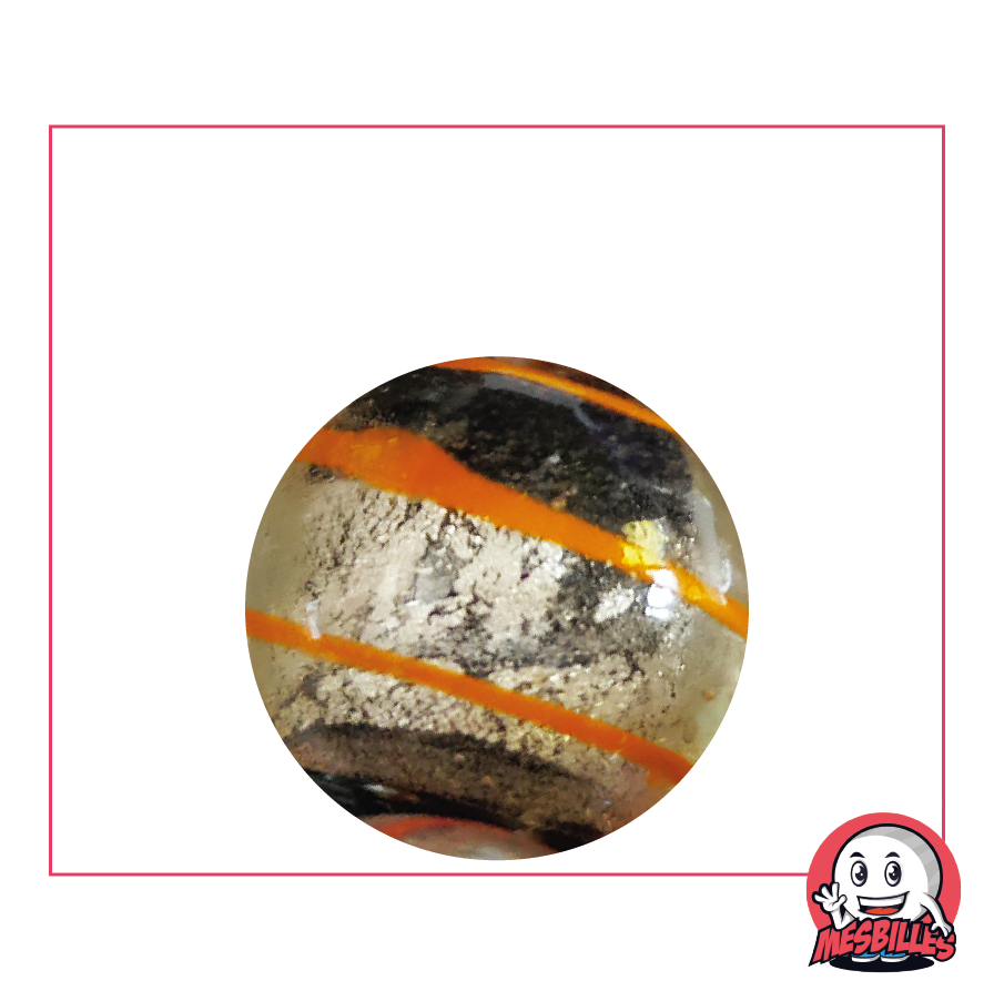 My-Glassmarbles Dragon Eye bead, semi-opaque black and silver, orange stripes, 25mm diameter