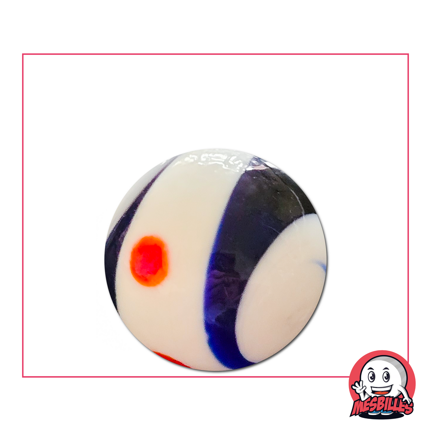 Close-up of a white Big-Bang marble with blue spirals and a red central dot, in 25 mm glass, sold individually at My-Glassmarbles.
