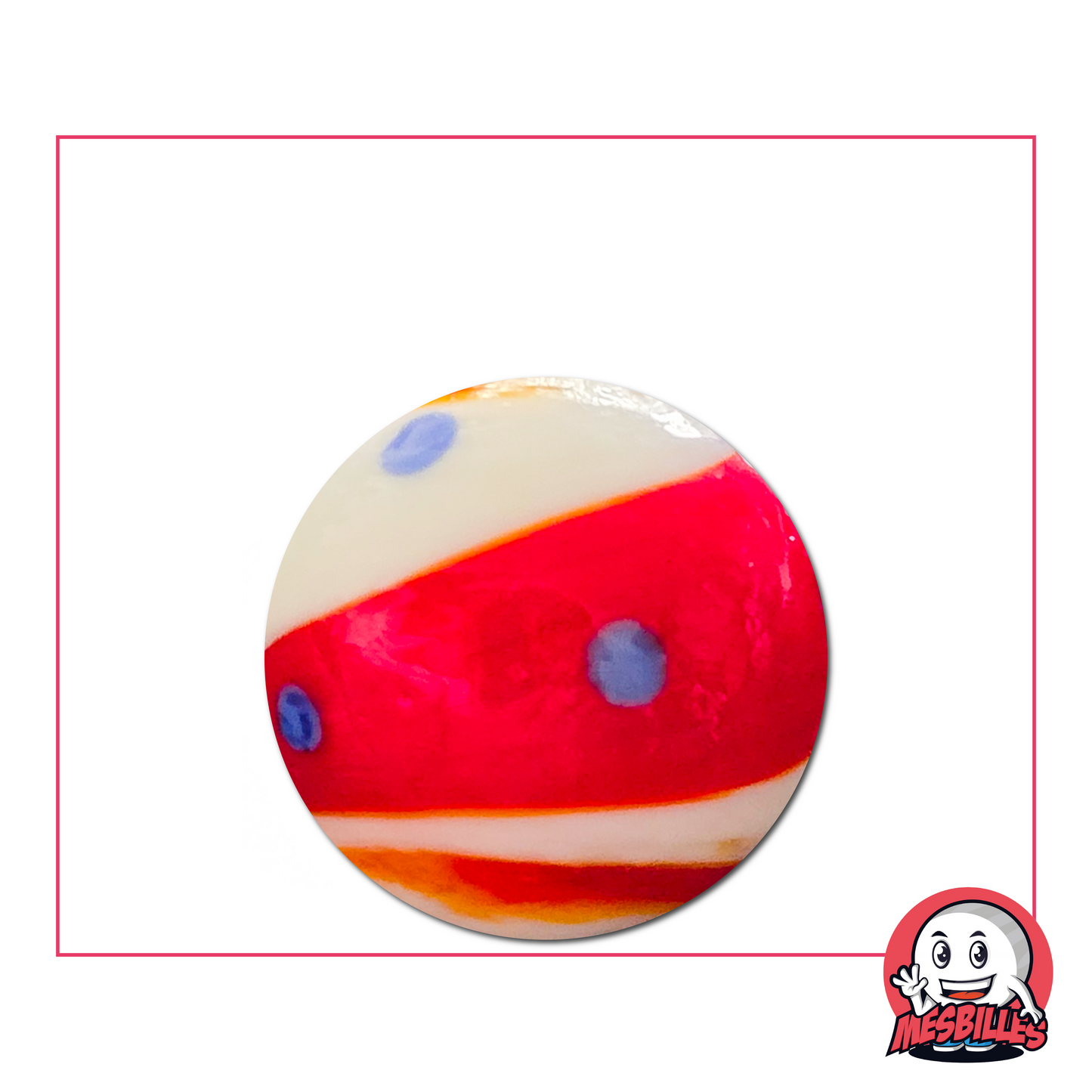 Red and blue Big-Bang marble 25 mm - white glass marble with blue polka dots and artistic red stripe