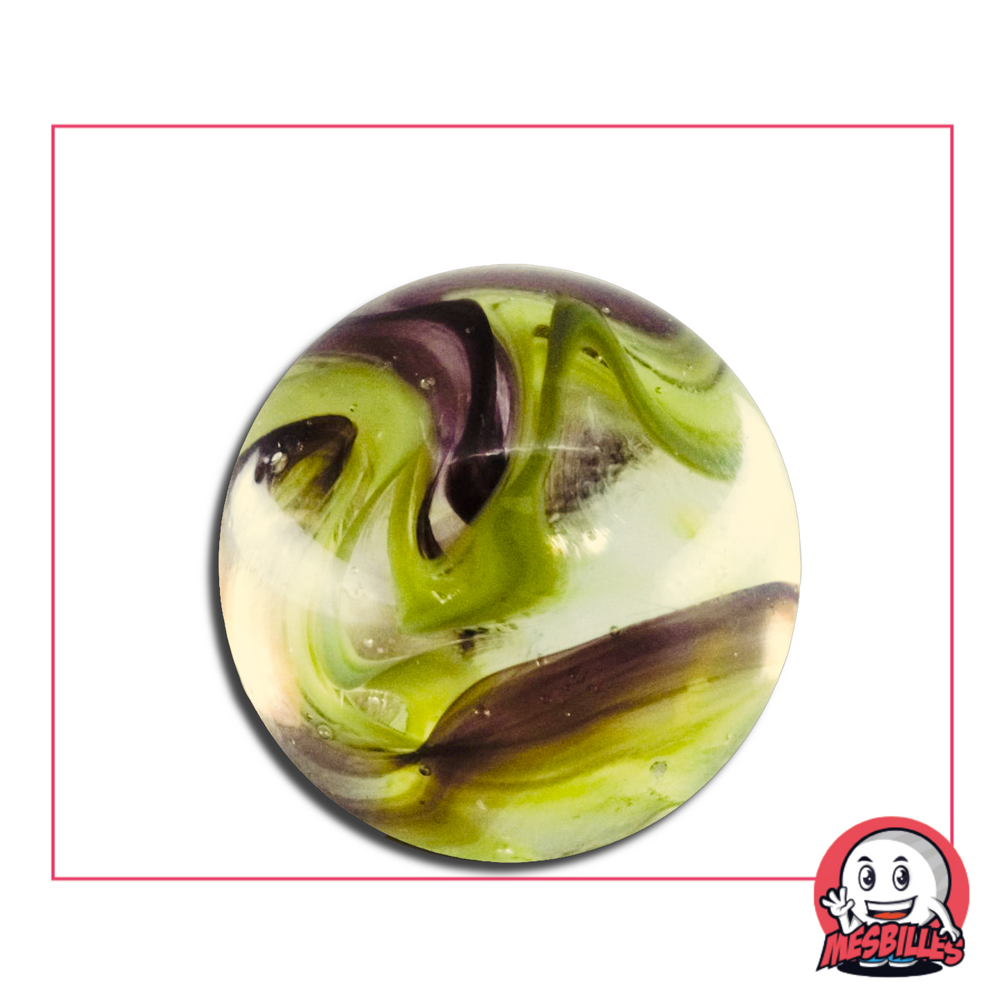 Photo of a 35 mm round marble in green, white and black-purple, nicknamed ‘Bumblebee’, sold individually in the My-Glassmarbles shop.