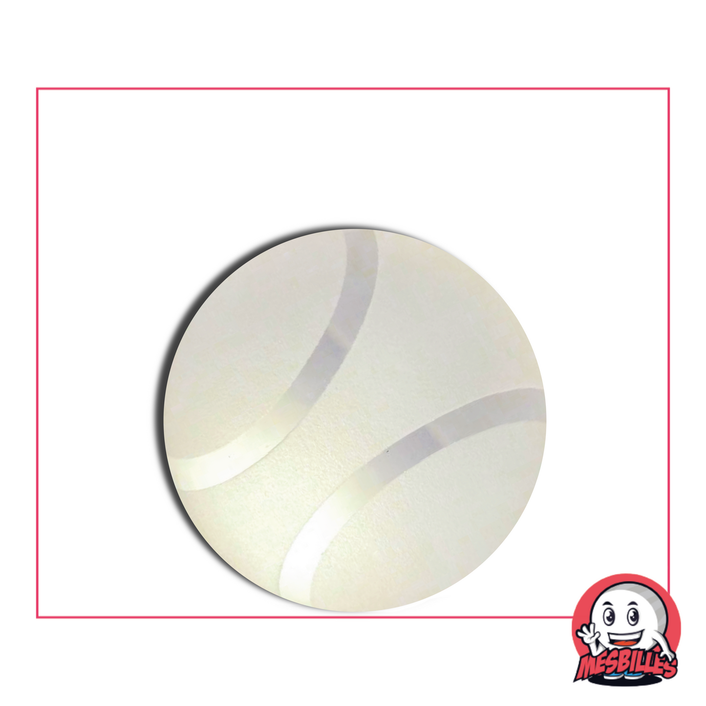 Photo of a 30mm Frosted glass round marble with a white tennis ball design, sold individually on My-Glassmarbles.