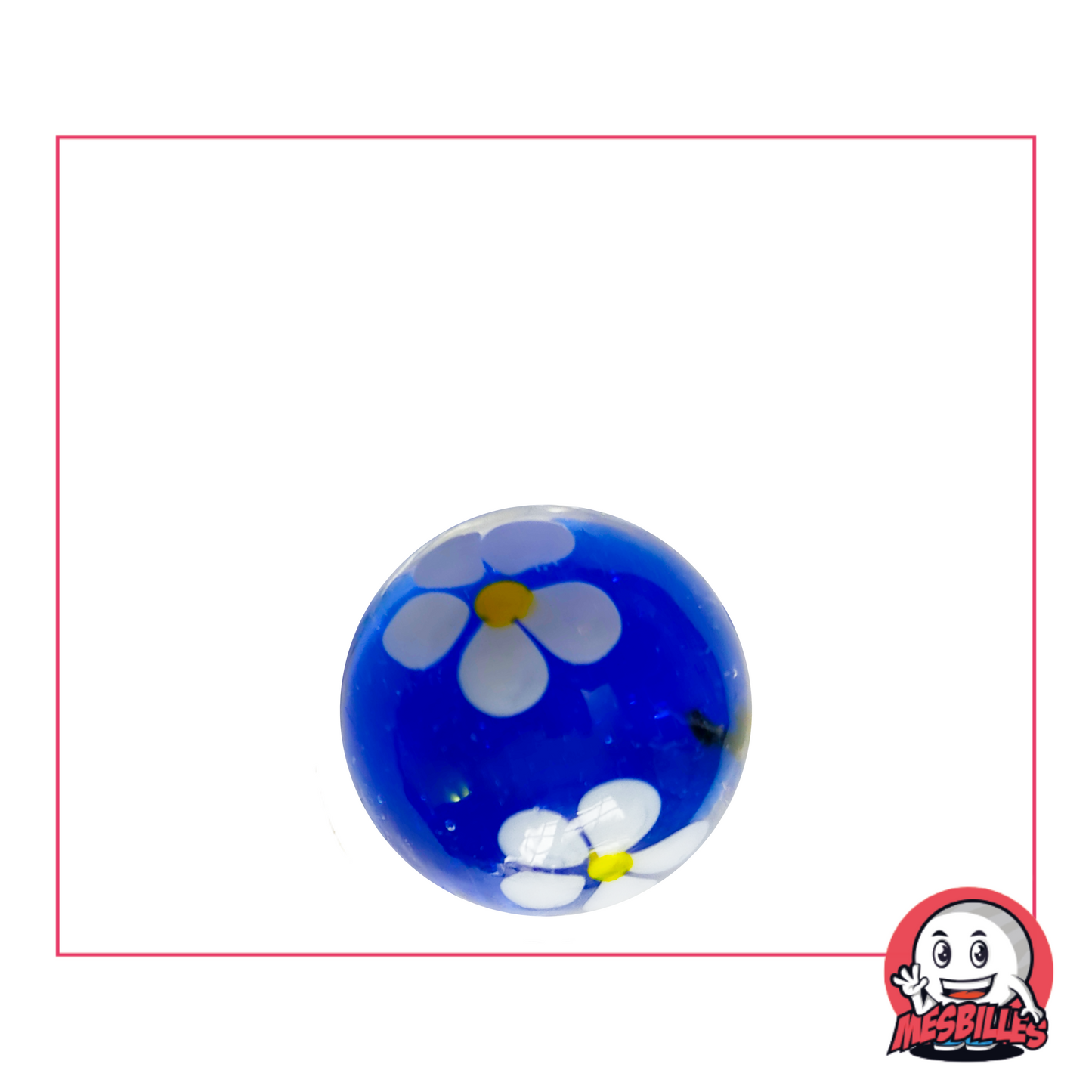 16 mm blue Marble with a white flower with five petals and a Yellow heart, suspended in transparent glass