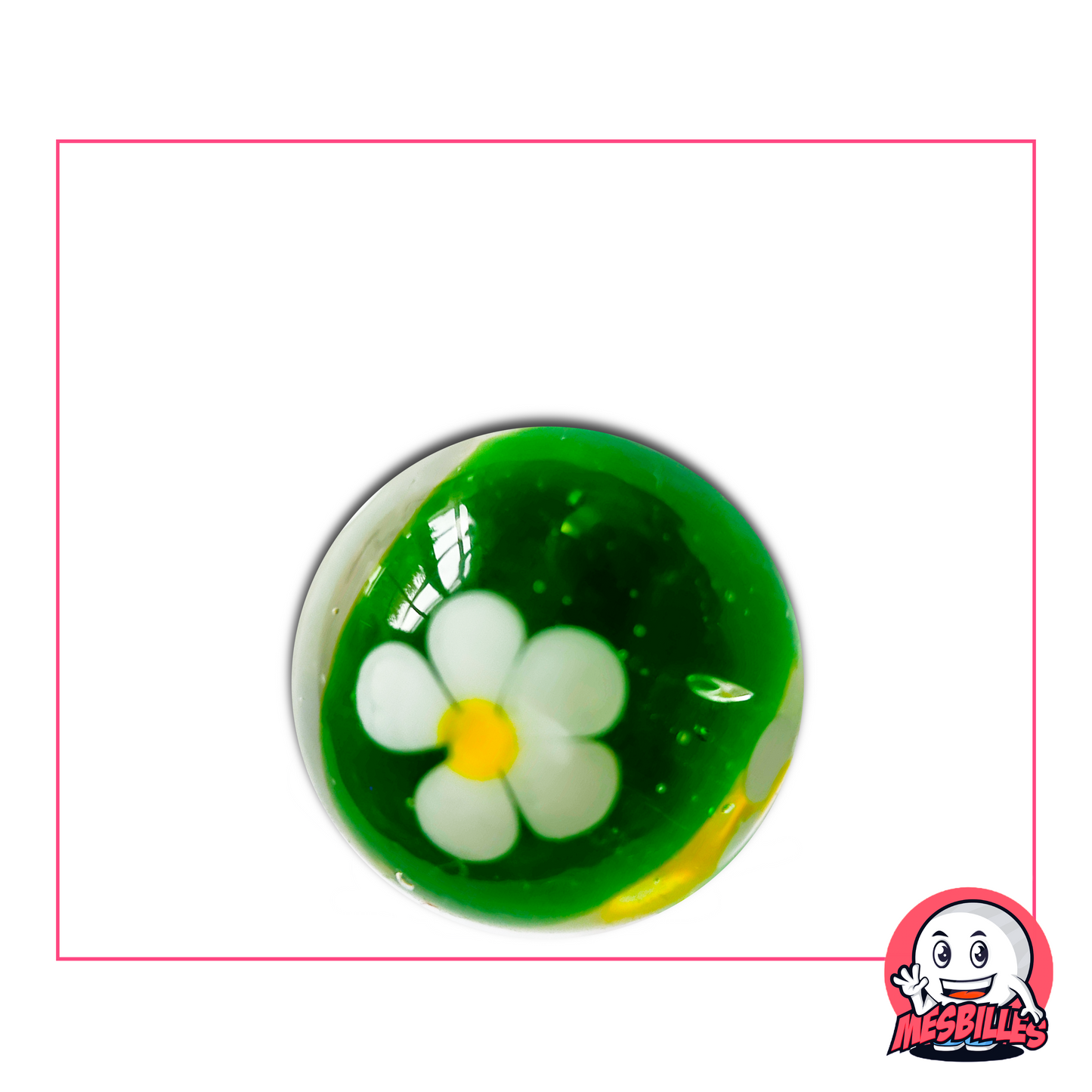Large 22 mm Green Marble with white five-petal flower frozen in the glass, miniature garden effect.