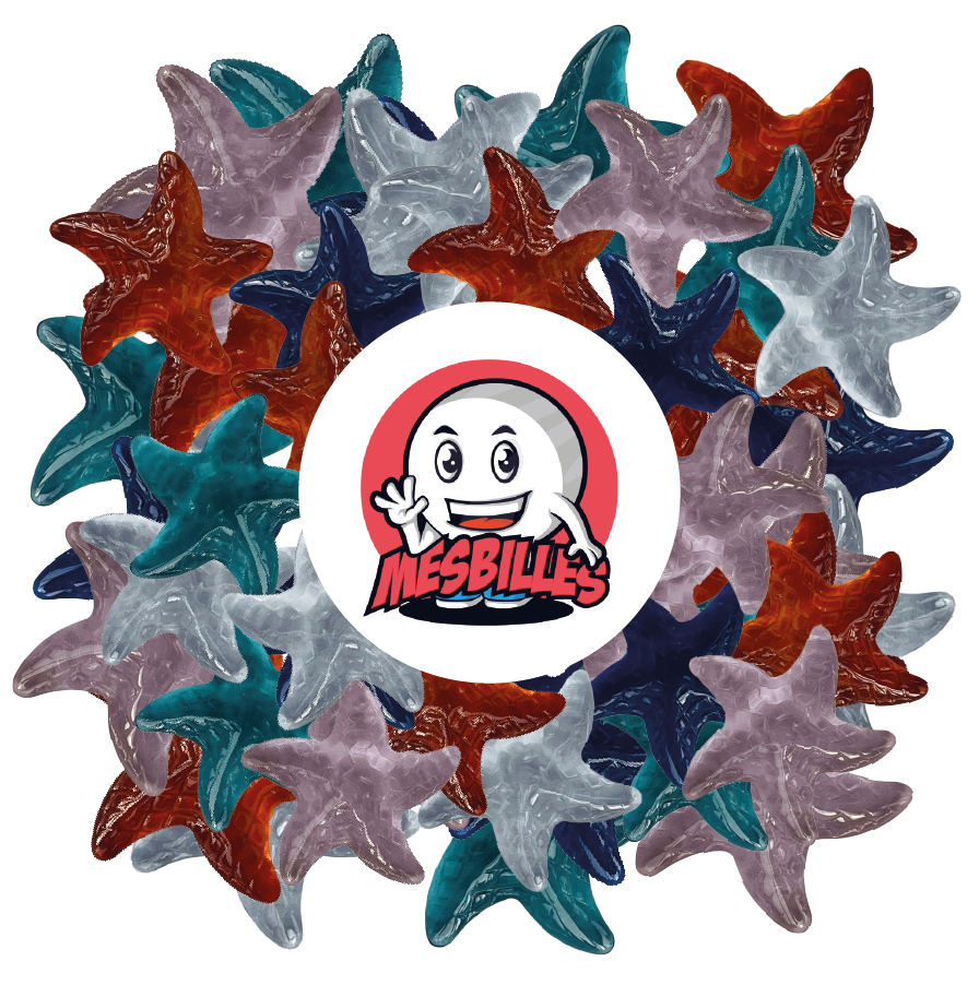 Image of the My-Glassmarbles Mascot surrounded by Crystal Translucent Glass Starfish Extra-Flat Marbles - My-Glassmarbles