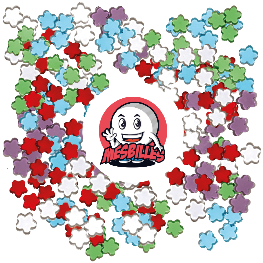 Image of the My-Glassmarbles Mascot surrounded by Extra-Flat Marbles Flower in Crystal Translucent Glass - My-Glassmarbles
