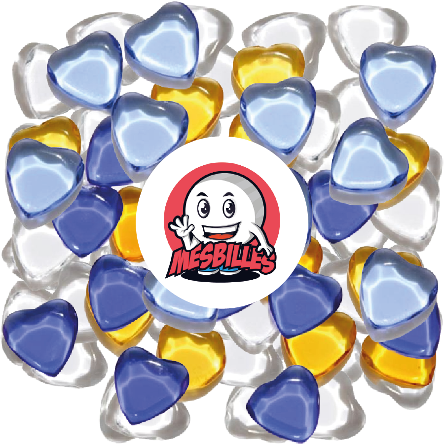 Image of the My-Glassmarbles Mascot surrounded by Extra-Flat Marbles Heart in Light Blue Translucent Glass - My-Glassmarbles