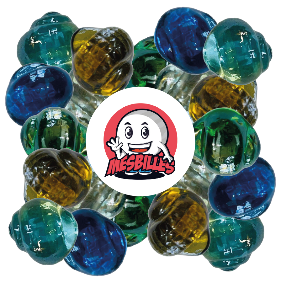 Image of the My-Glassmarbles Mascot surrounded by Neptunea marbles in crystal-coloured translucent glass, flat shape, size 30 mm - My-Glassmarbles