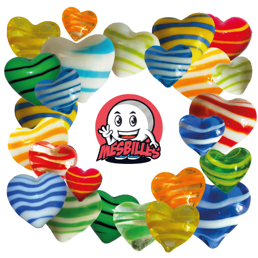 My-Glassmarbles plus Shaped Marble Heart in white opaque glass with red stripes, 25 mm flat marble, My-Glassmarbles