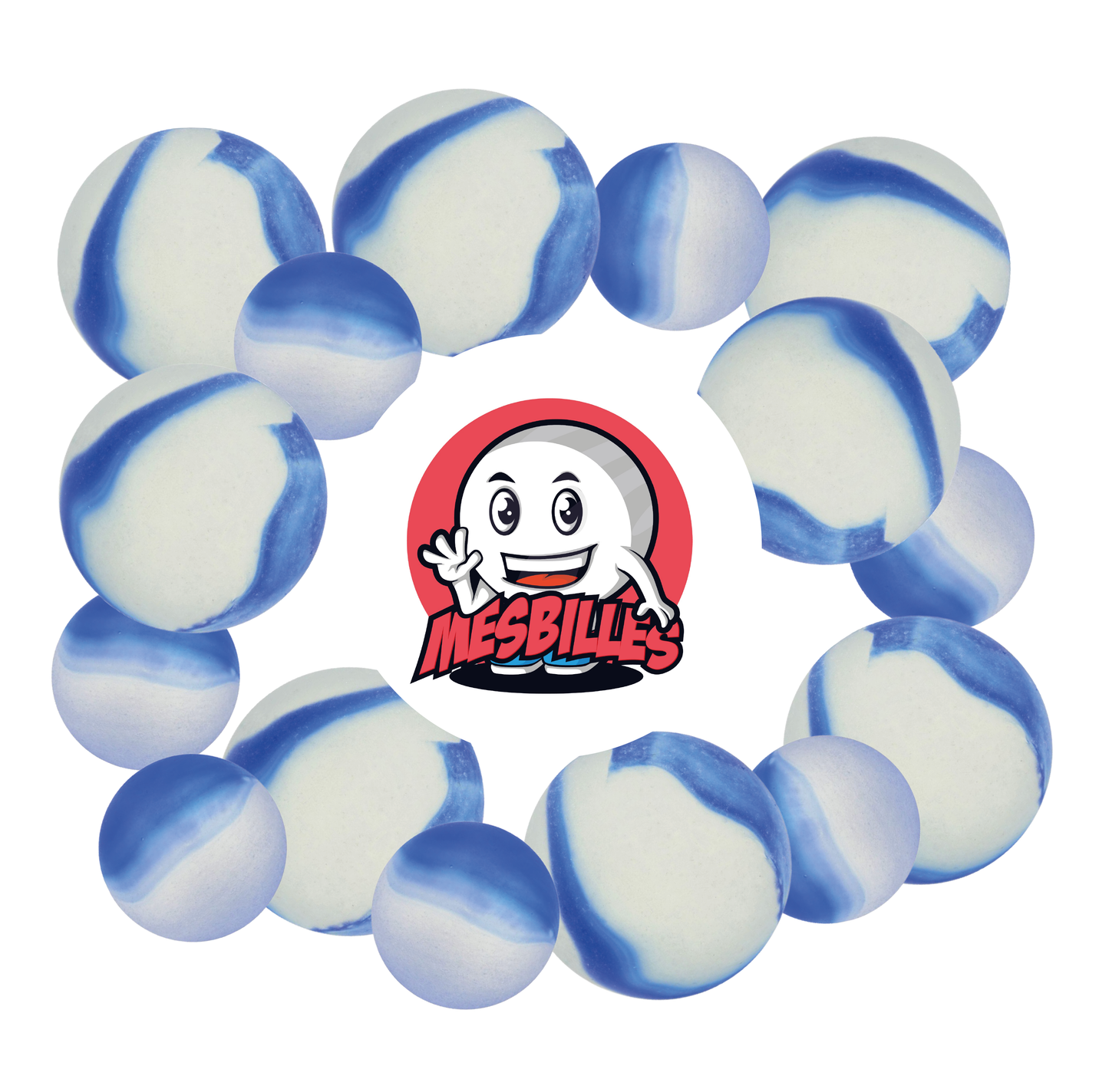 Image of My-Glassmarbles Mascot surrounded by Frosted Marbles - Glass Marble Frosted Blue 22 mm My-Glassmarbles