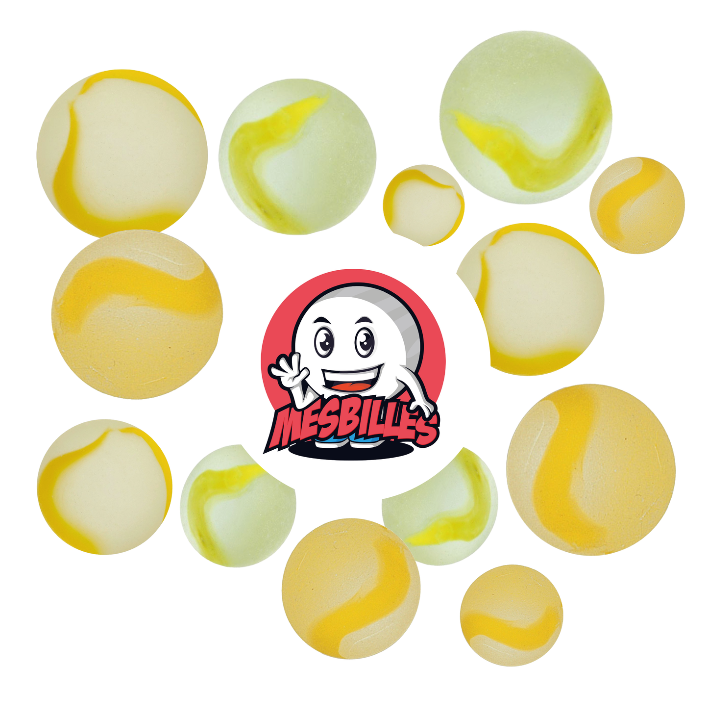 Image of My-Glassmarbles Mascot surrounded by Frosted Marbles - Glass Marble Frosted Yellow 22 mm My-Glassmarbles