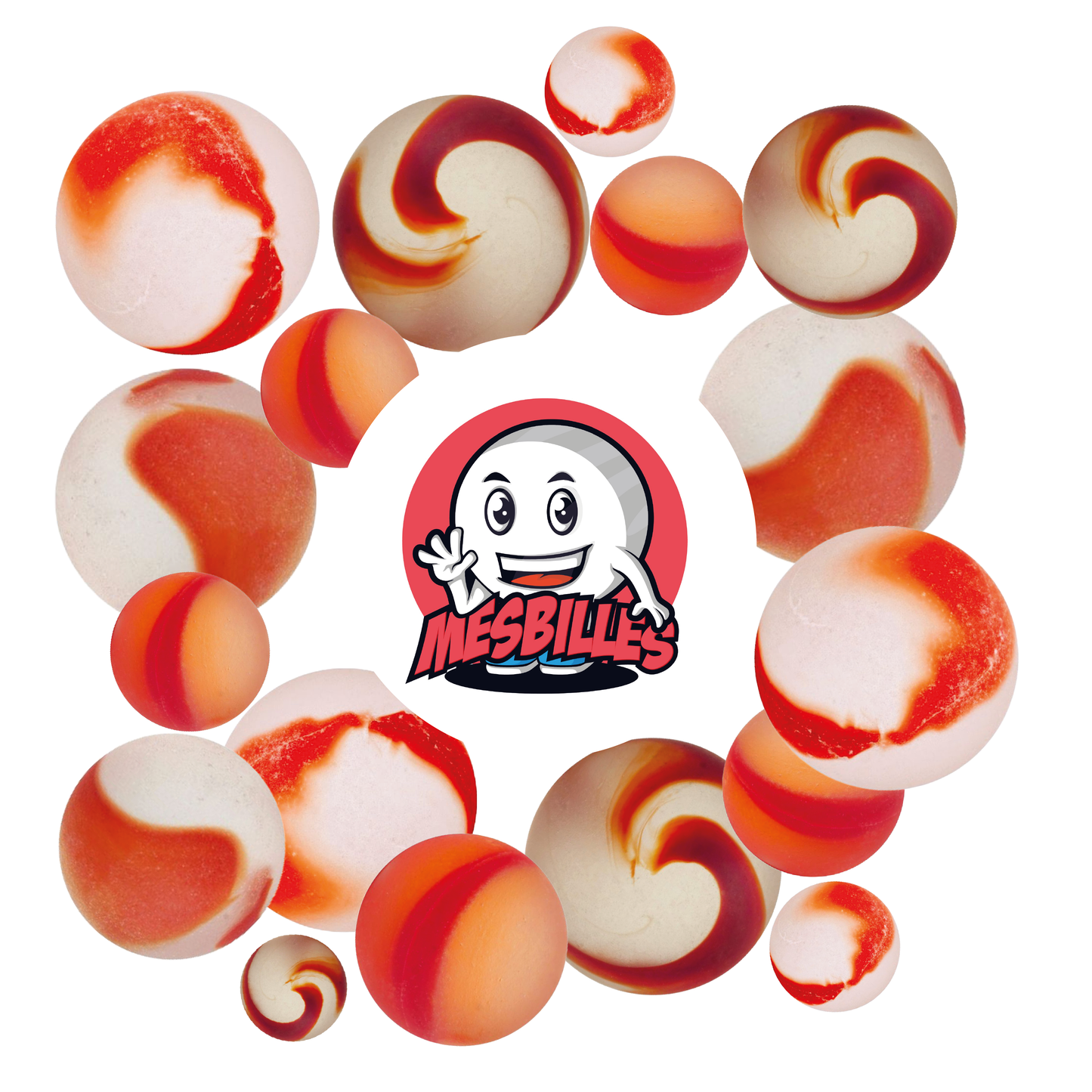Image of My-Glassmarbles Mascot surrounded by Frosted Marbles - Glass Marble Frosted Red 14 mm My-Glassmarbles