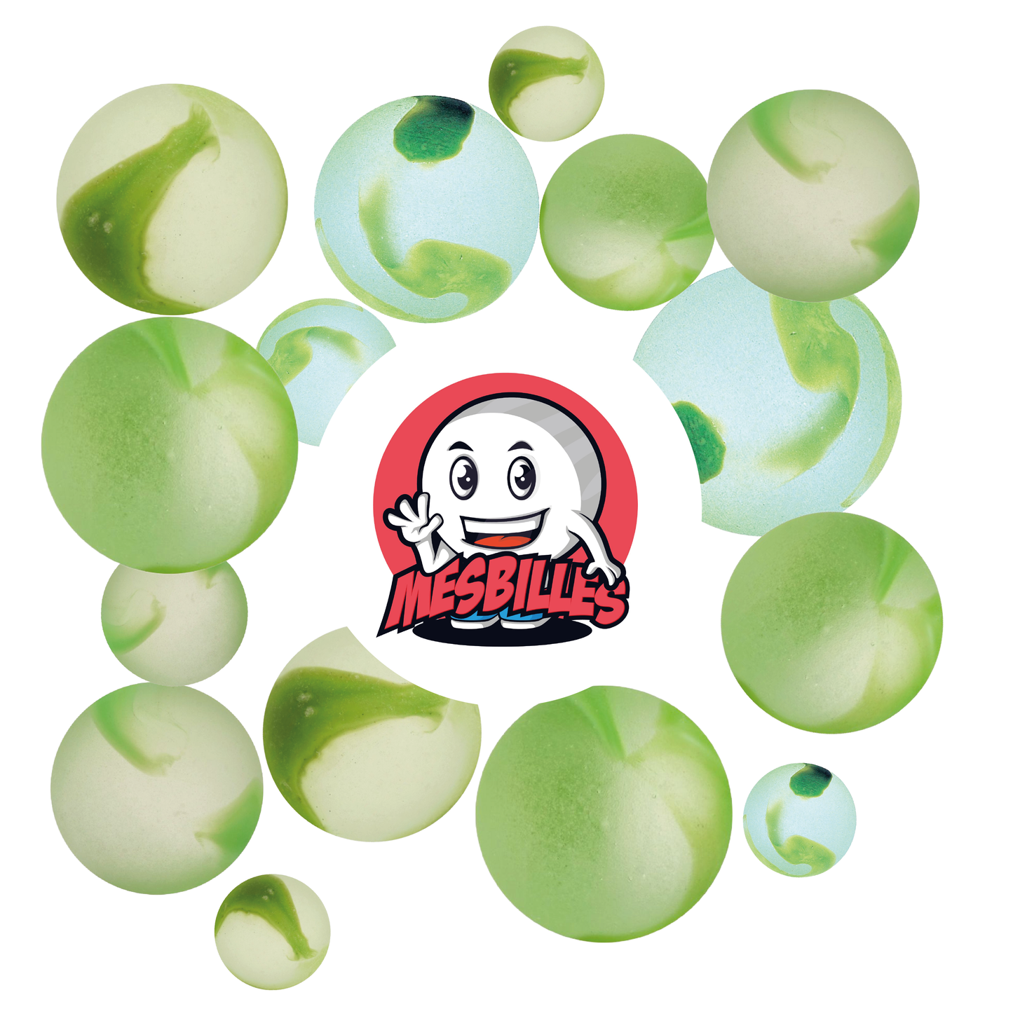 Image of My-Glassmarbles Mascot surrounded by Frosted Marbles - Glass Marble Frosted streaked with Green 25 mm My-Glassmarbles