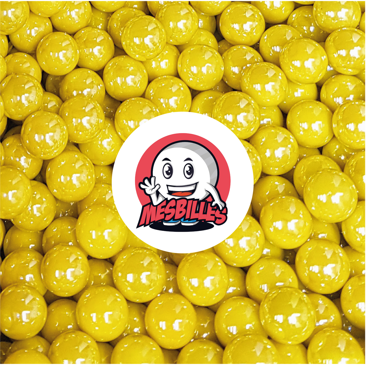 Image of the My-Glassmarbles Mascot surrounded by 16 mm Glossy Marbles - Opaque and Shiny Yellow Glass
