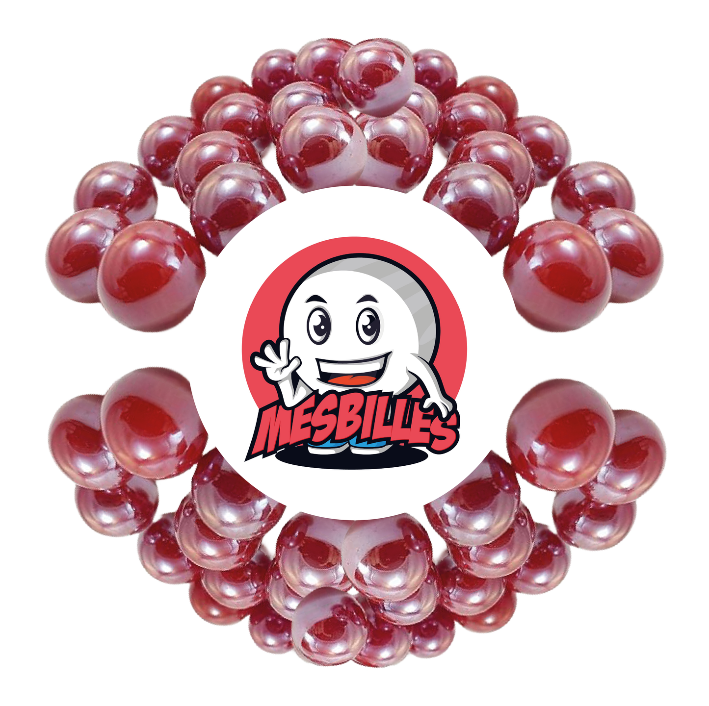 Image of the My-Glassmarbles Mascot surrounded by Glossy Marbles 25 mm - Opaque and Glossy Red Glass