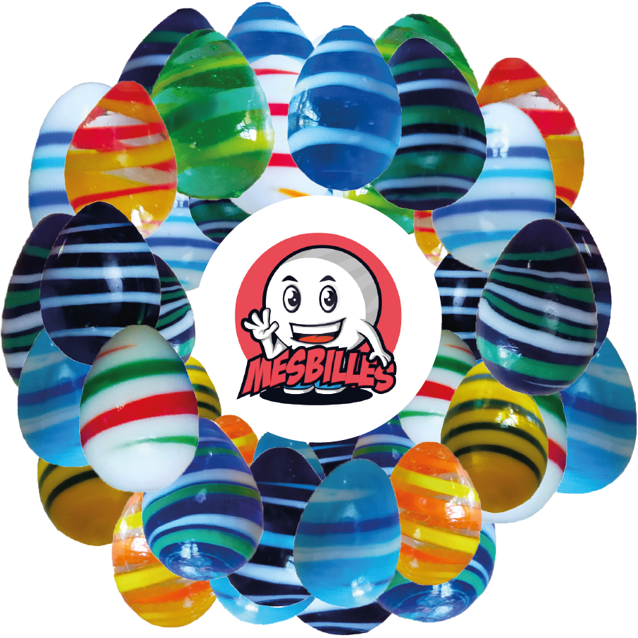 Image of My-Glassmarbles Mascot surrounded by Marbles My-Glassmarbles Egg, opaque blue with yellow stripes, approx. 25mm highMarbles My-Glassmarbles Egg, opaque blue with yellow stripes, approx. 25mm high