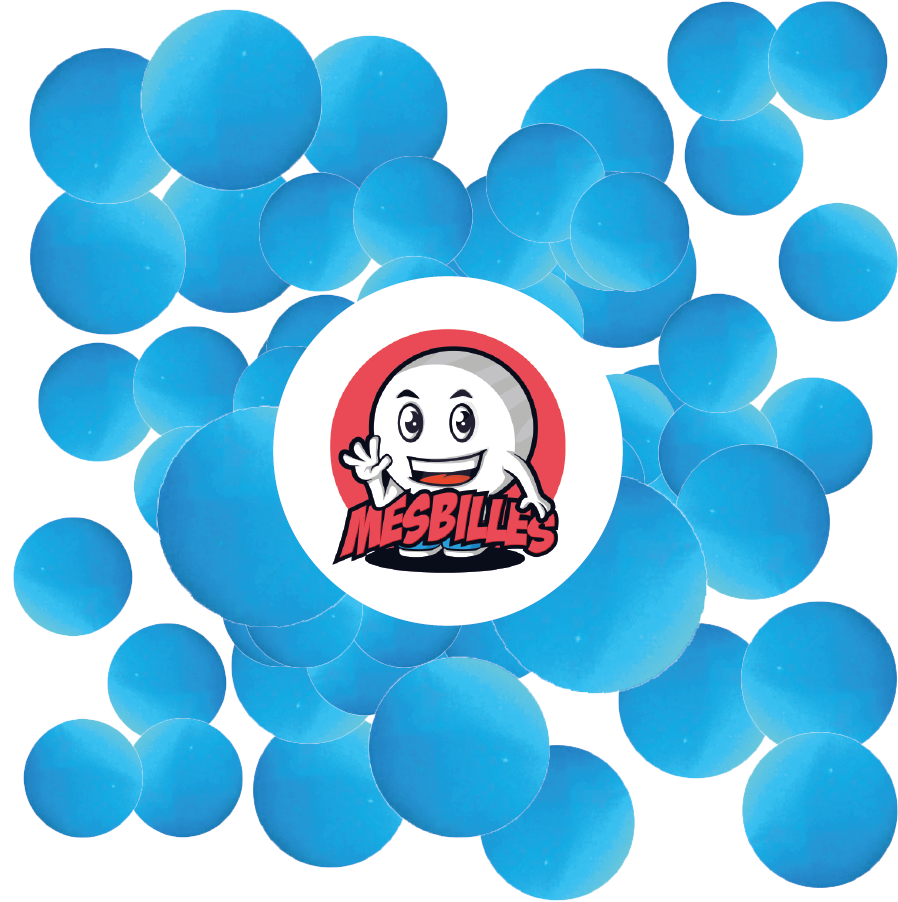 Image of My-Glassmarbles Mascot surrounded by 25 mm Marbles Pearl - Opaque Light Blue Glass Evoking the Ocean
