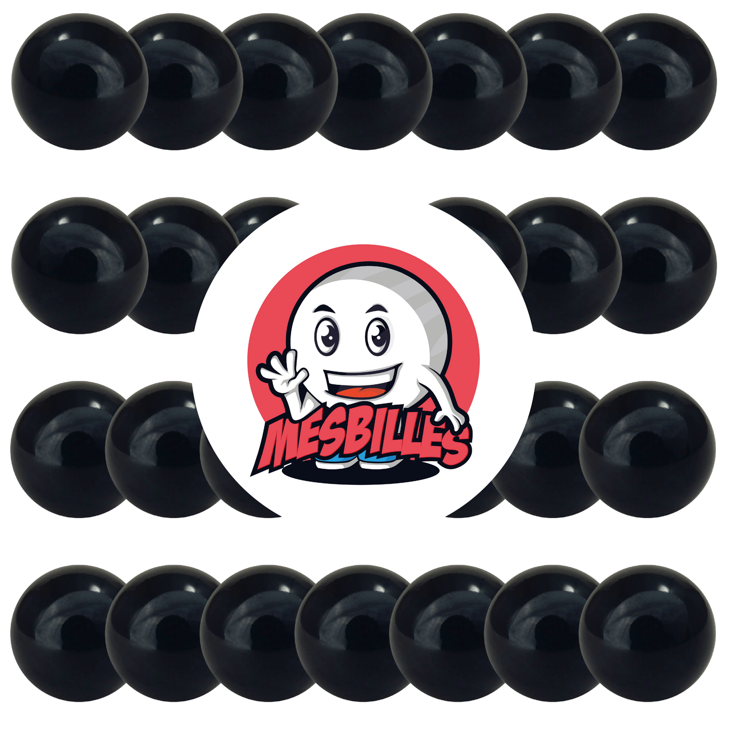 Picture of My-Glassmarbles Mascot surrounded by 16 mm Black Opaque Pearl Marbles - Round Glass Marble