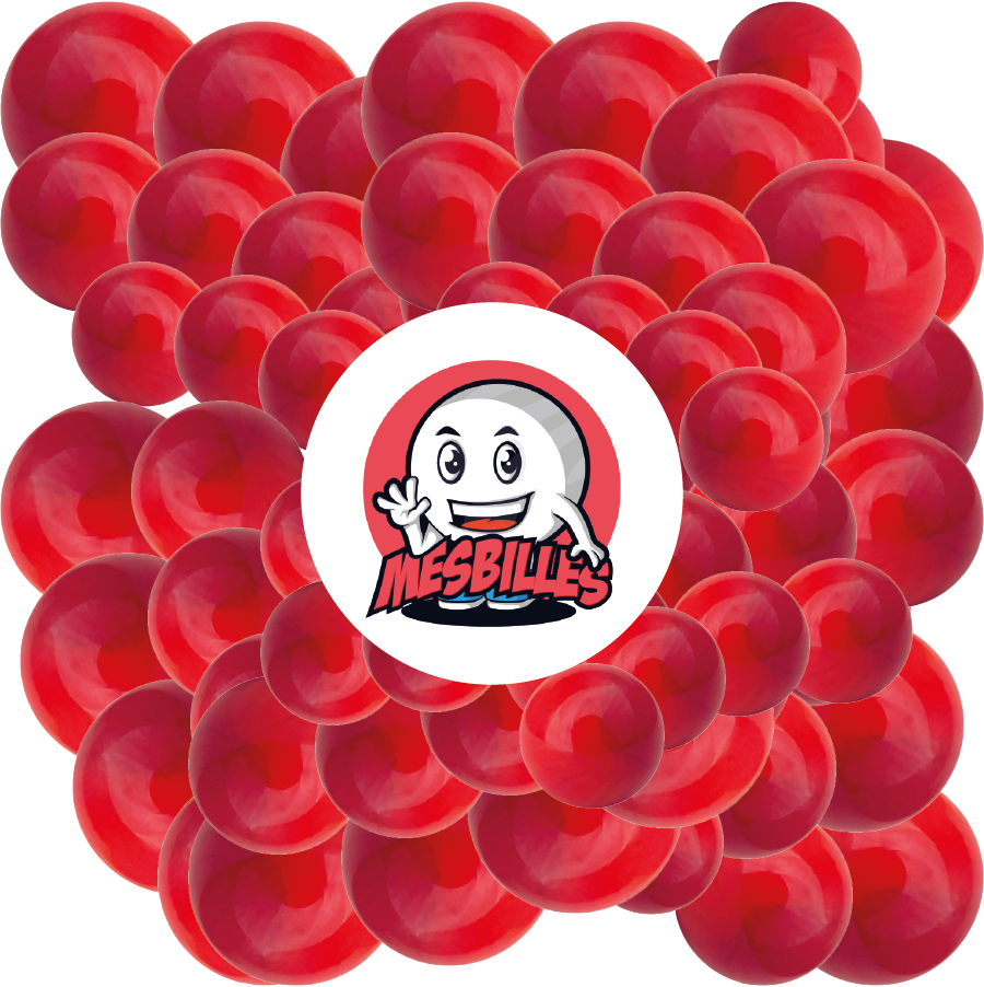 Image of the My-Glassmarbles Mascot surrounded by 14 mm Red Pearl Marbles Round glass marbles