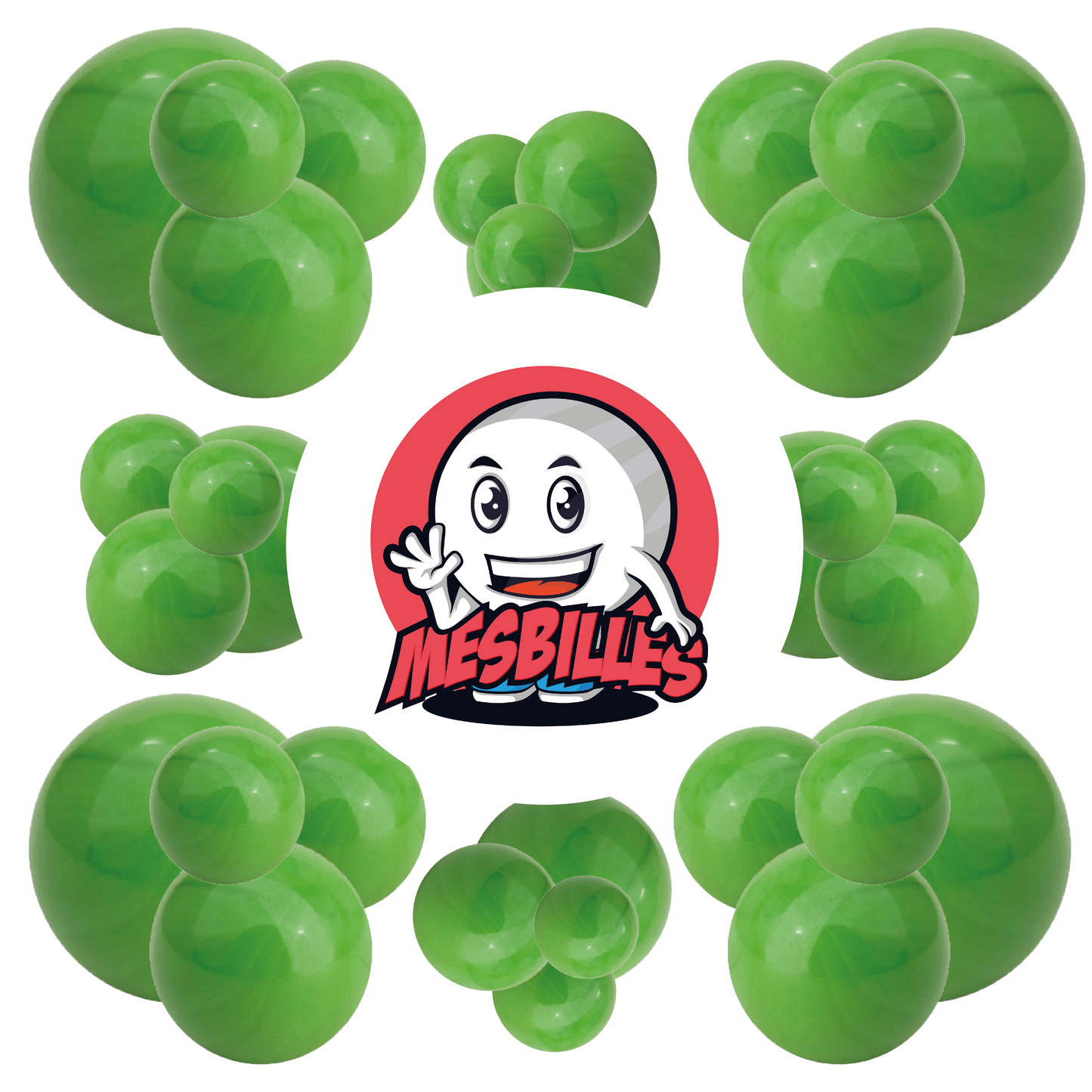 Image of the Mascot My-Glassmarbles surrounded by Marbles Green Opaque Pearl 16 mm Glass Marble | My-Glassmarbles