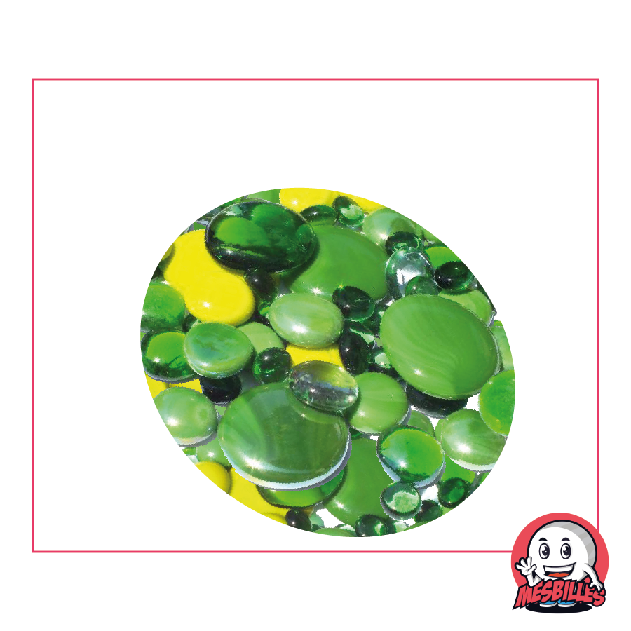 250 gr Flat Marbles in green, lime green and crystal, opaque and shiny