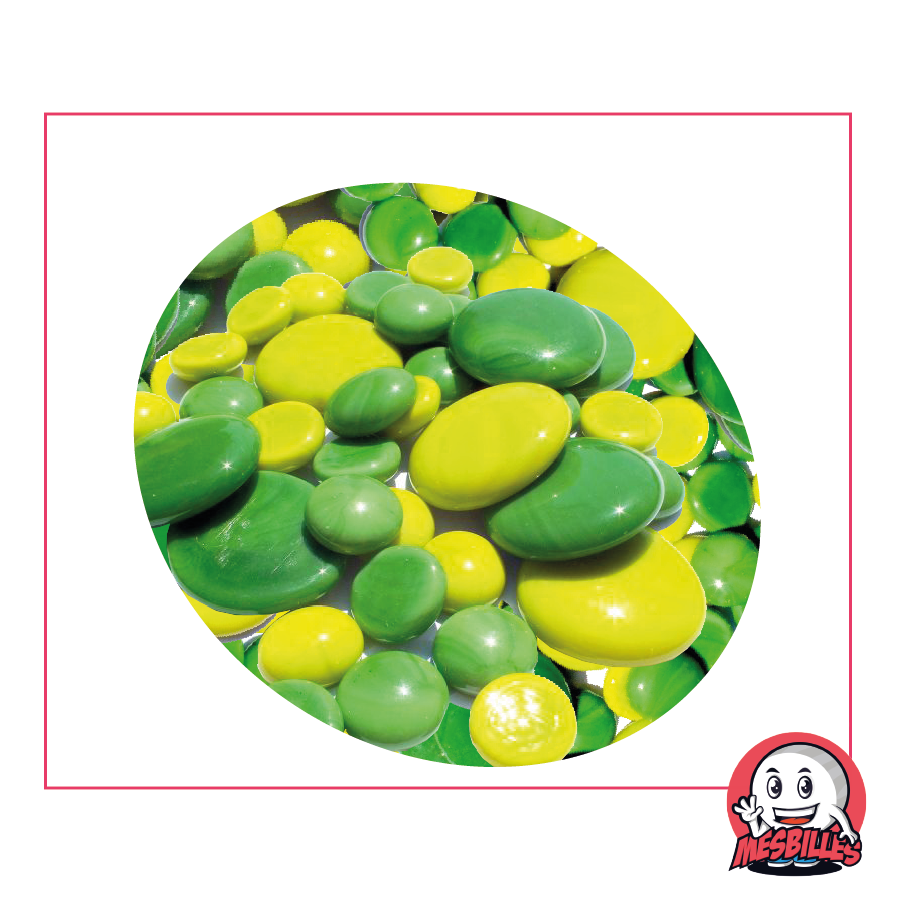 Flat Marbles in lime green and green, opaque, in various sizes.