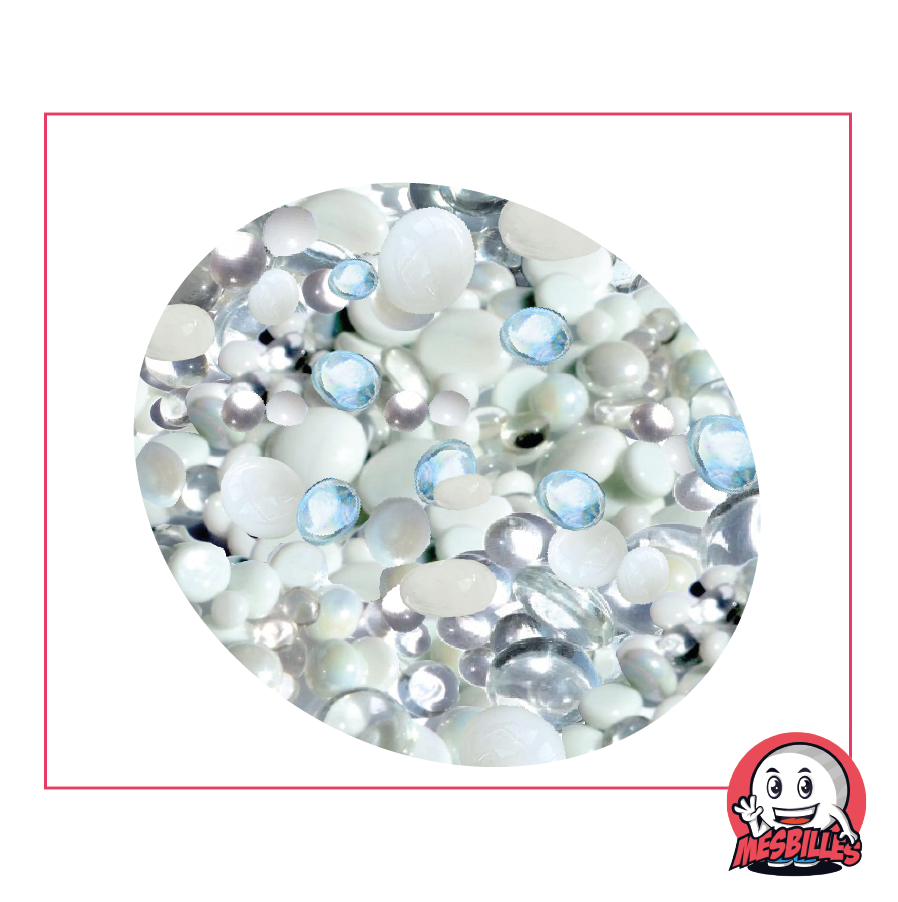 Flat Marbles in white and crystal glass, opaque and transparent, 12mm to 30mm