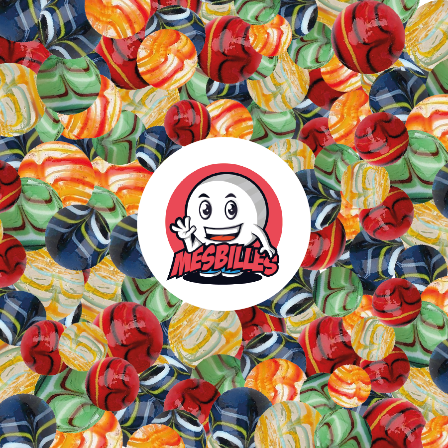 25 mm Spider Red and Orange KimPlay Translucent glass marbles with Multicolored marbles around the My-Glassmarbles Mascot