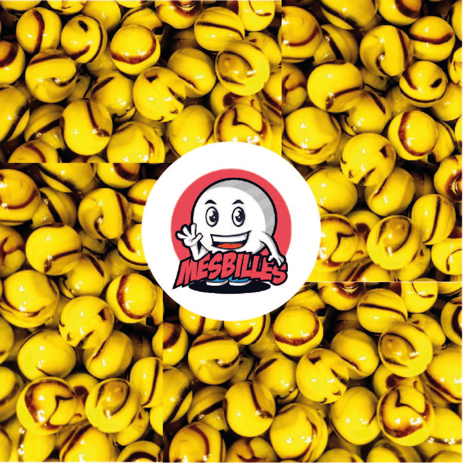 Image of the My-Glassmarbles Mascot surrounded by Opaque Yellow Marble Beads with Brown stripes measuring 25 mm.