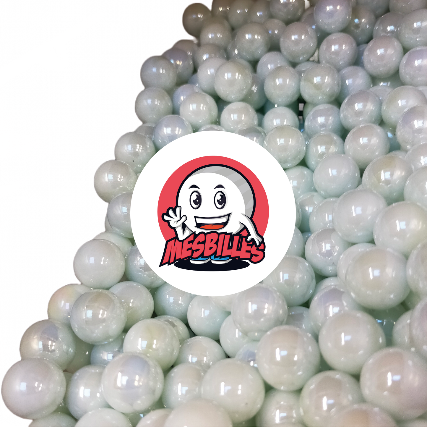 Image of the My-Glassmarbles Mascot surrounded by shiny opaque Glossy Marbles White 12 mm