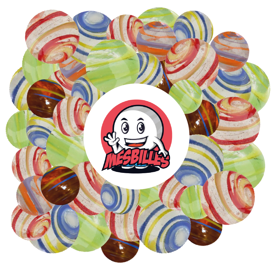 Cyclone Yellow and Sky KimPlay marbles in Translucent glass and Multicoloured marbles around the My-Glassmarbles Mascot