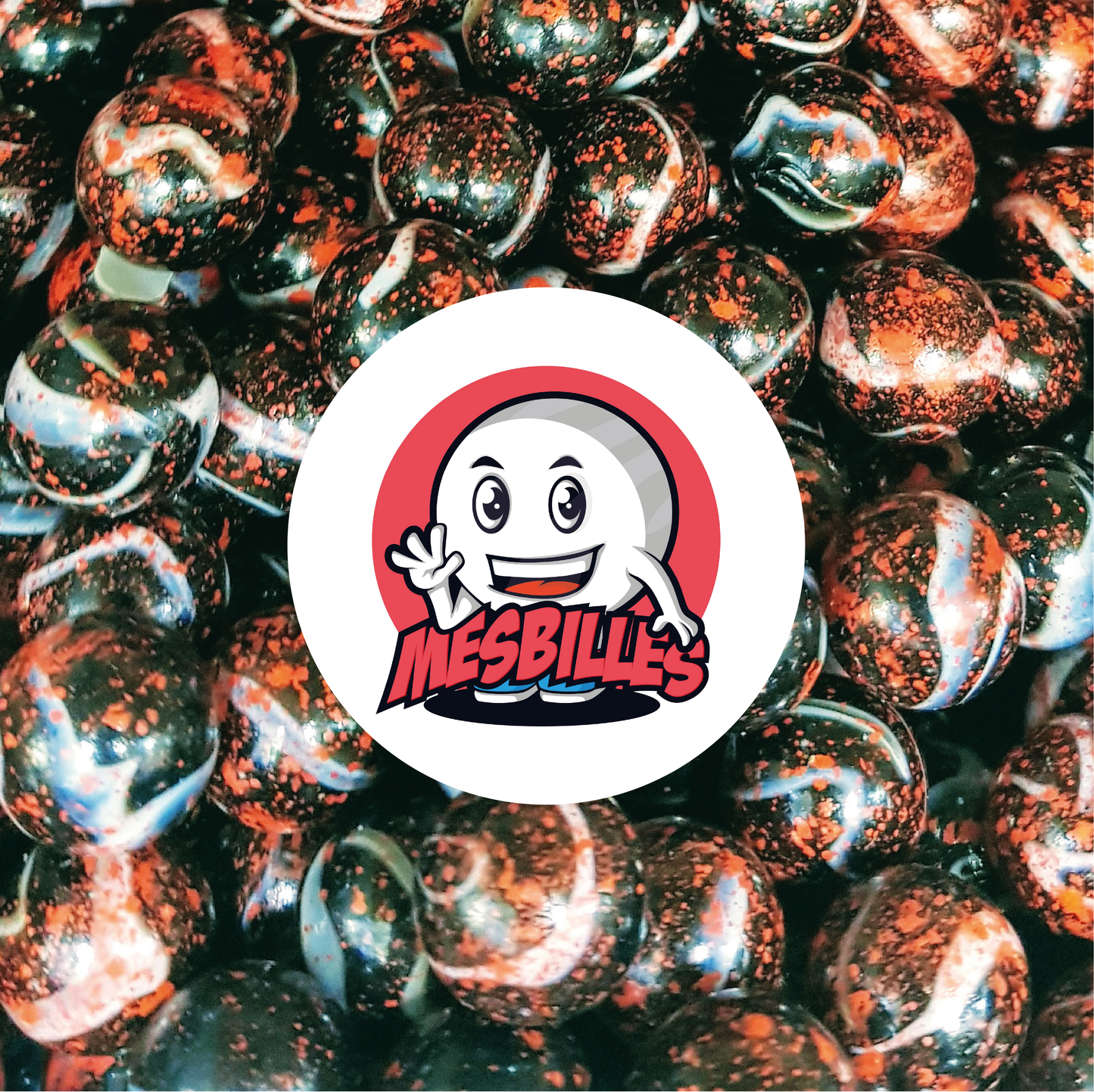 Image of the My-Glassmarbles Mascot surrounded by Dracula Marbles 14 mm in red-white opaque glass with black spots