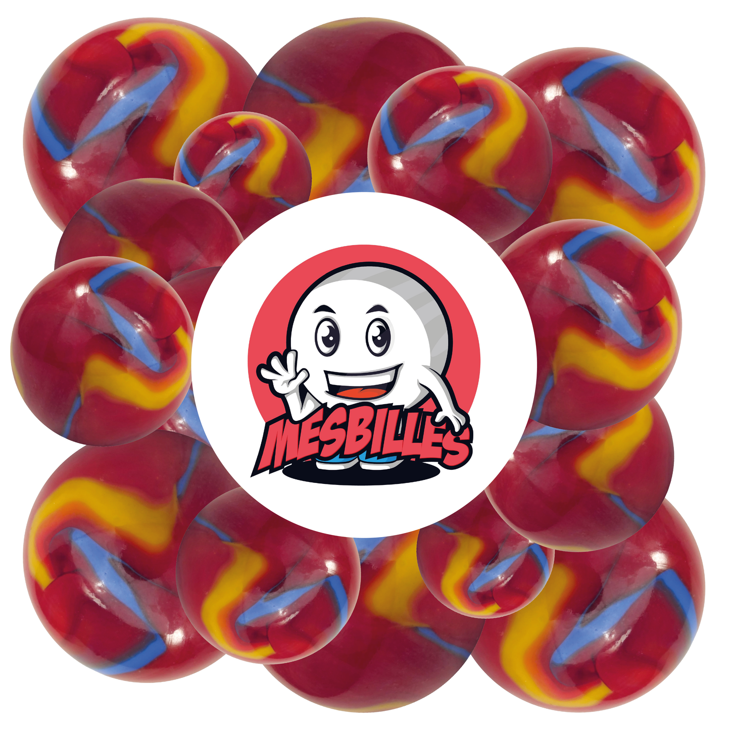 Image of My-Glassmarbles Mascot surrounded by 25 mm red Fiesta Marbles with blue and yellow stripes