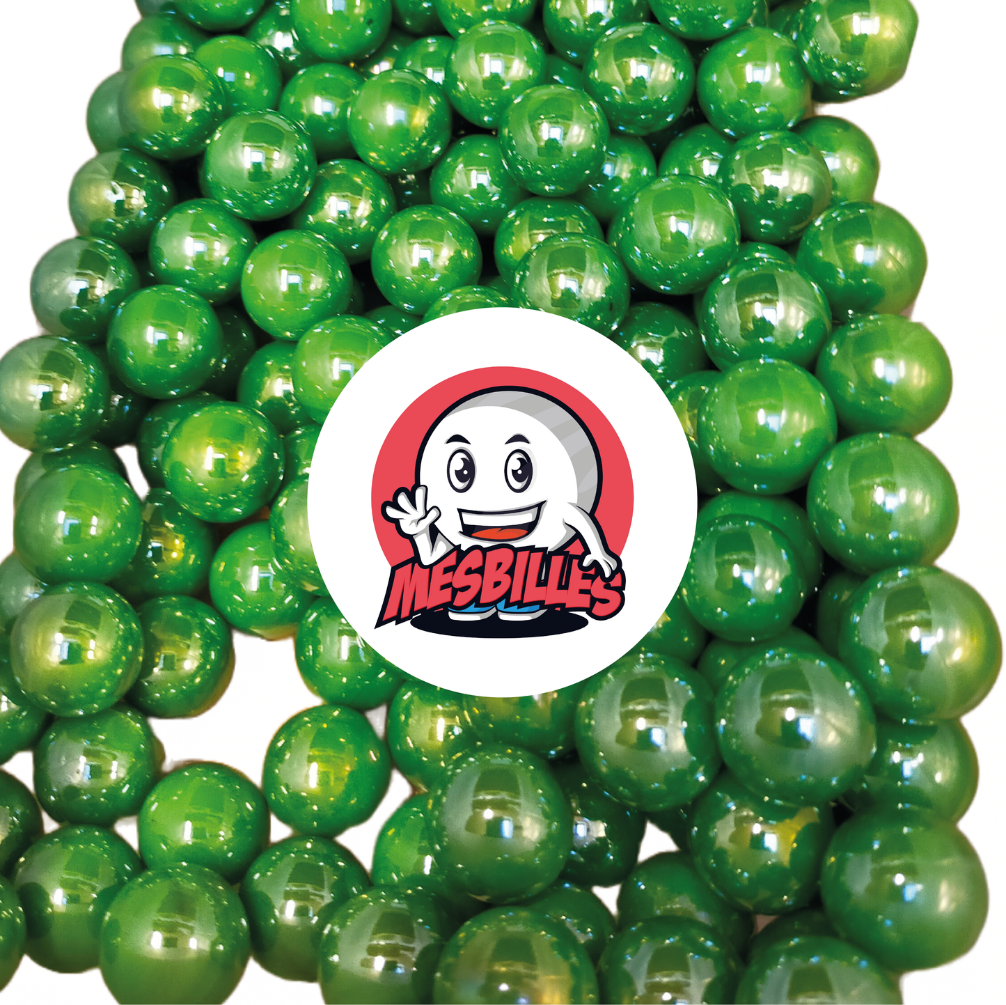 Image of the My-Glassmarbles Mascot surrounded by 16 mm Green Pearly Glossy Marbles - Round Glass Marble.