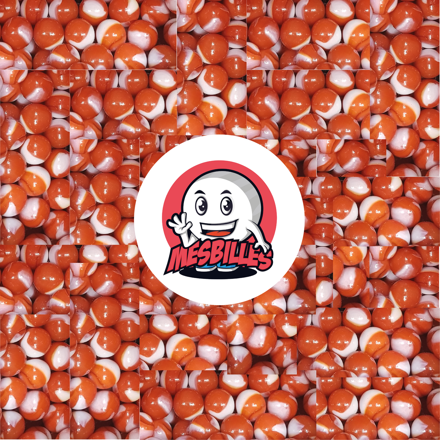 Image of the My-Glassmarbles Mascot surrounded by Junon Marbles 16 mm Orange with white traces