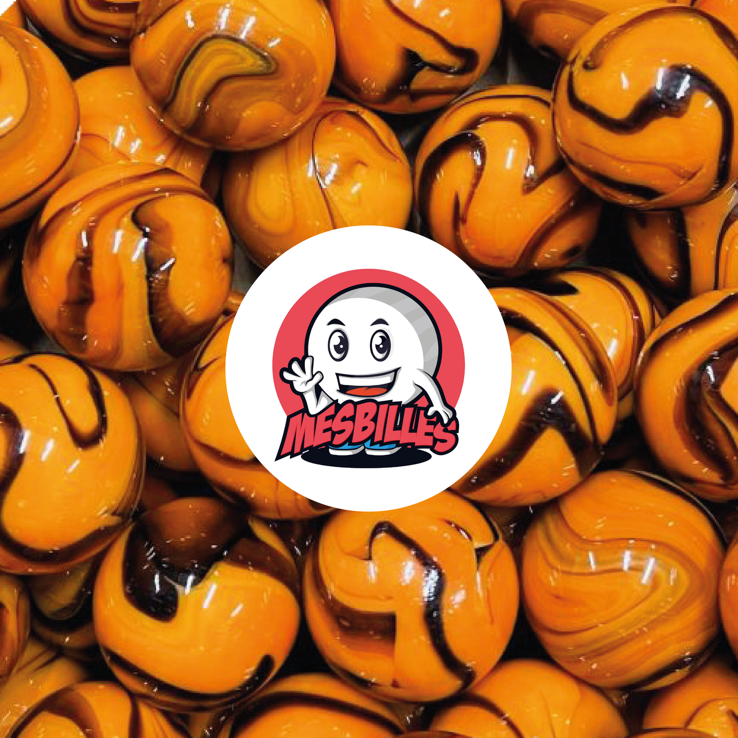Image of the My-Glassmarbles Mascot surrounded by 14 mm Marbles in Orange with Brown stripes