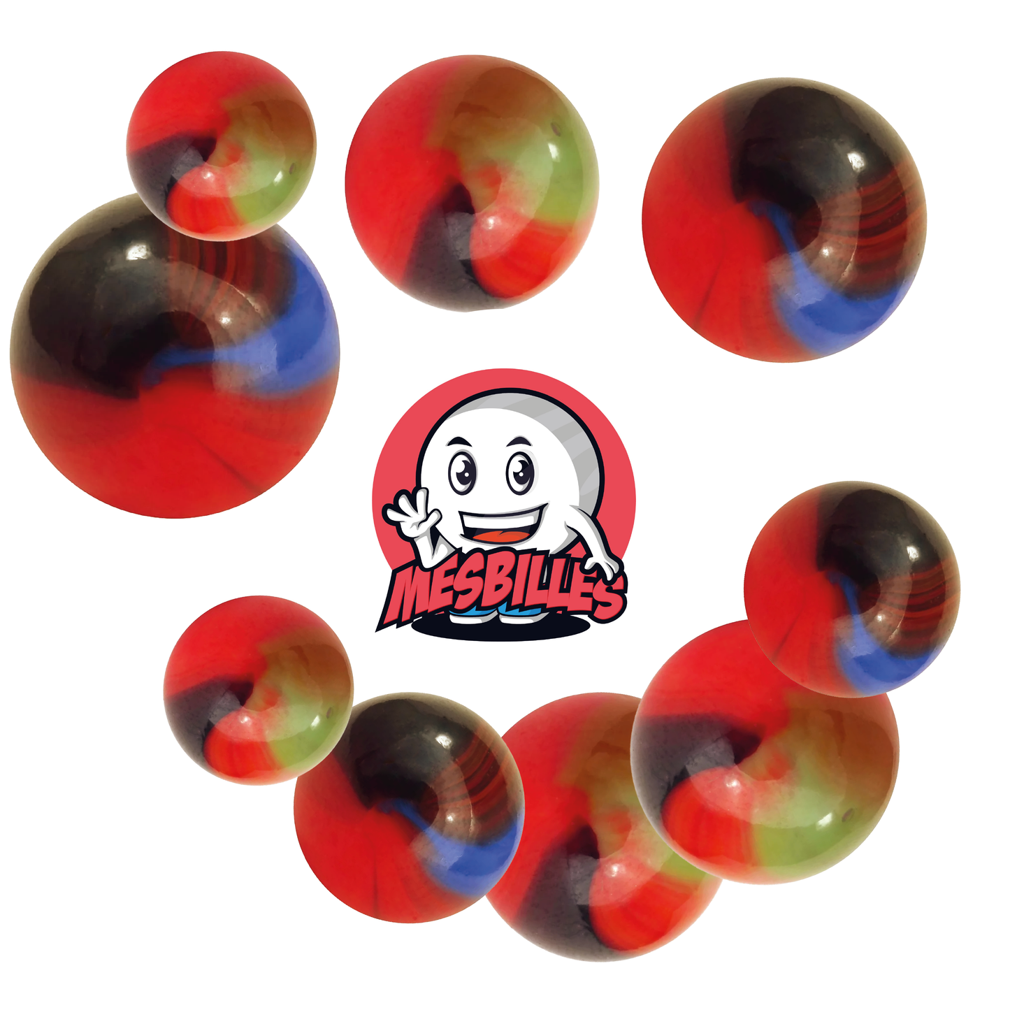 Image of the My-Glassmarbles Mascot surrounded by 35 mm Marbles in orange glass with green and brown stripes
