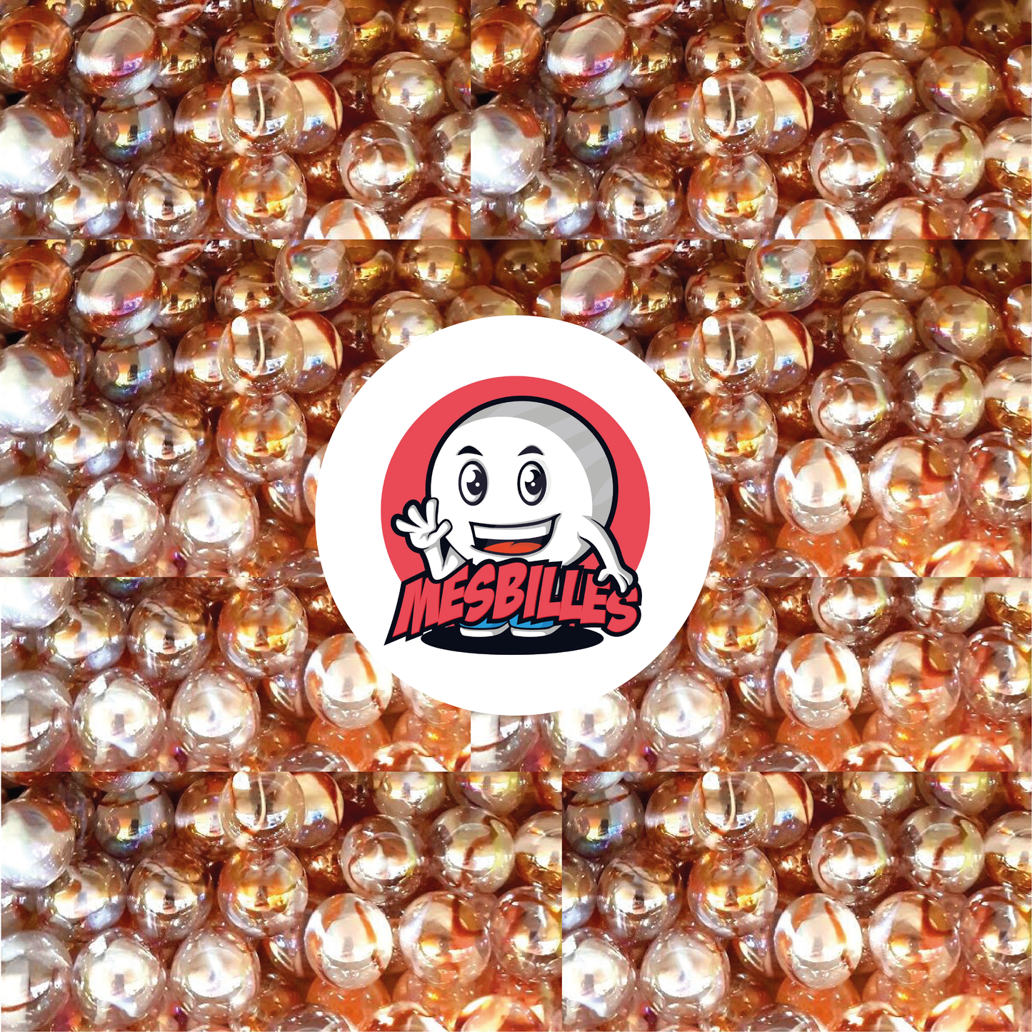 Image of the My-Glassmarbles Mascot surrounded by translucent orange-pink Marbles with amber-orange accents, 25 mm Marbles.