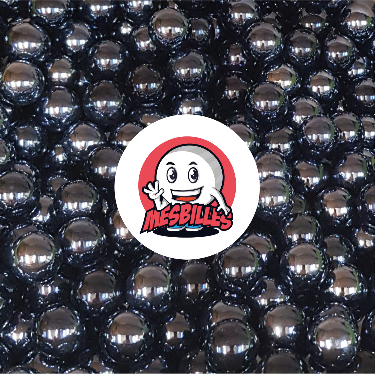 Image of the My-Glassmarbles Mascot surrounded by shiny opaque Glossy Marbles 16 mm Black