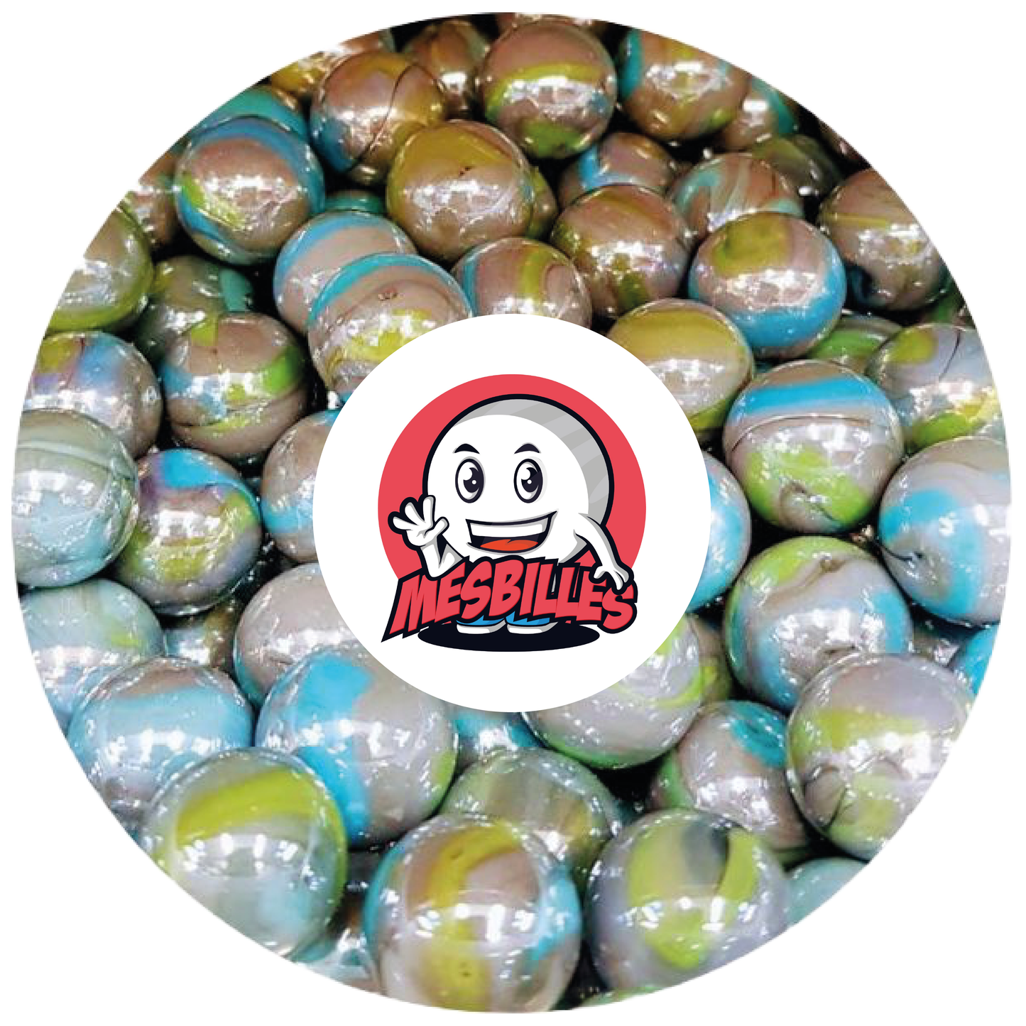 Image of My-Glassmarbles Mascot surrounded by Marbles Opaque and Shiny storm of pearly colour 42 mm