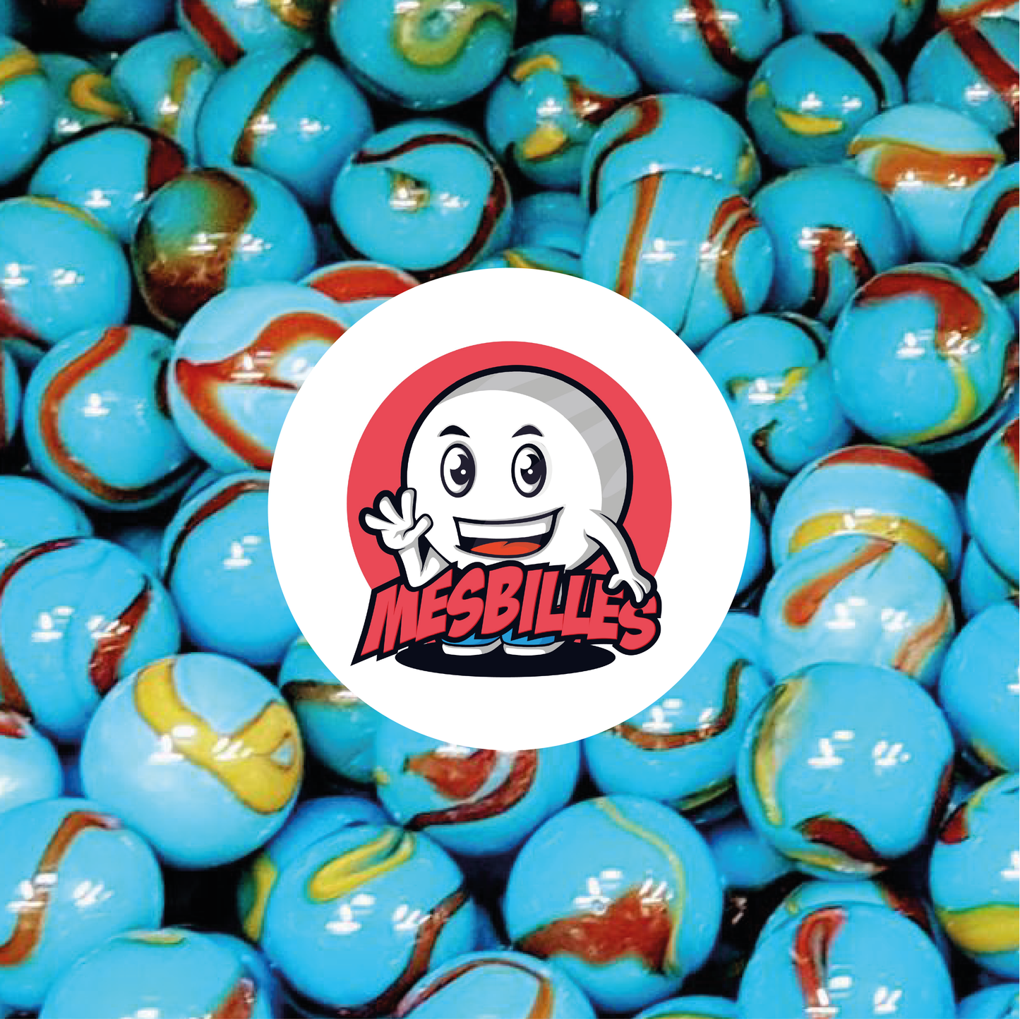 Image of the My-Glassmarbles Mascot surrounded by Blue Opaque Planet Earth Marbles with traces of Black 50 mm
