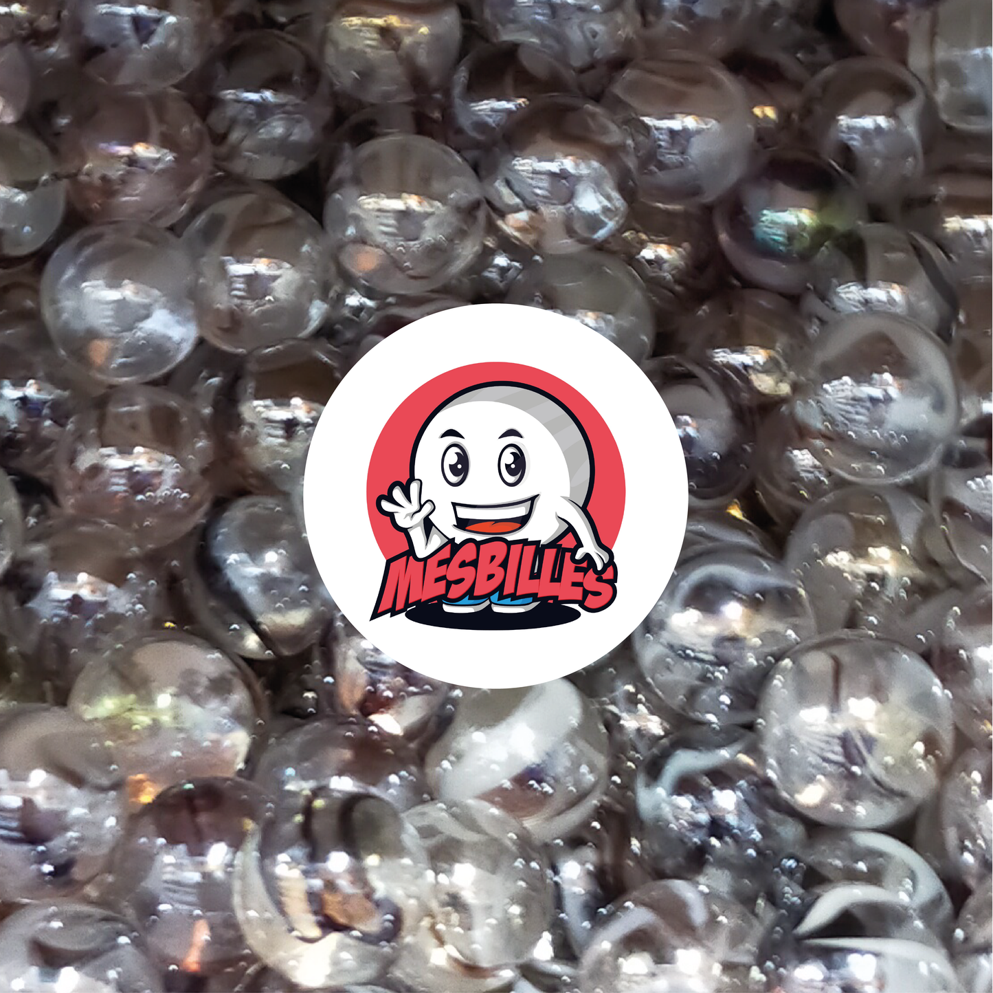 Image of the My-Glassmarbles Mascot surrounded by 25 mm Polar Marbles in brown crystal-clear glass