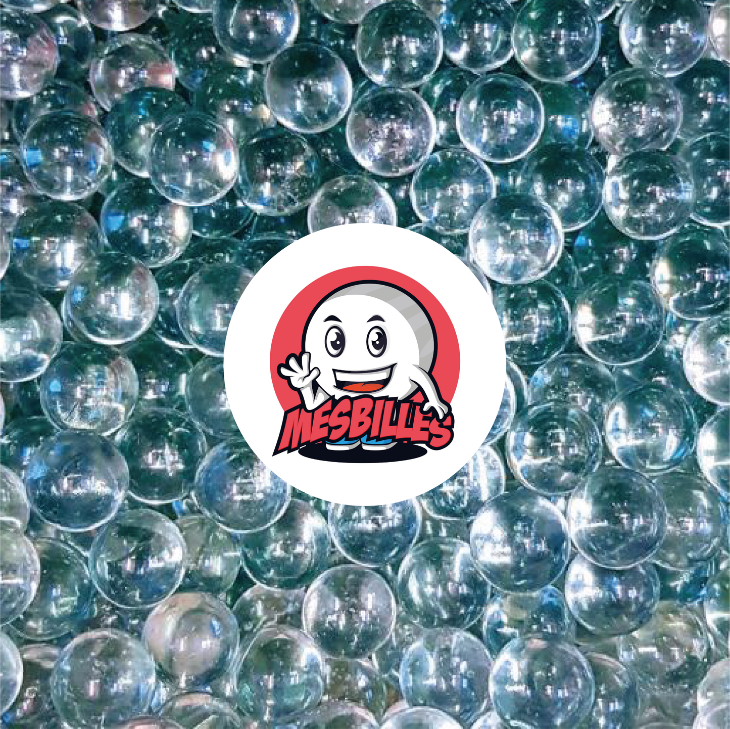 Image of the My-Glassmarbles Mascot surrounded by Marbles Translucent crystal glass magnifier - 35 mm - My-Glassmarbles