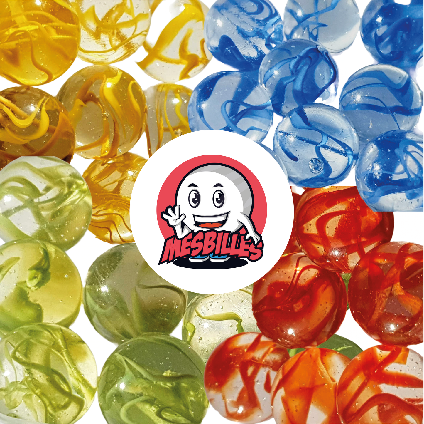 Image of the My-Glassmarbles Mascot surrounded by translucent Marbles with BLUE Ribbons, 16 mm Marbles